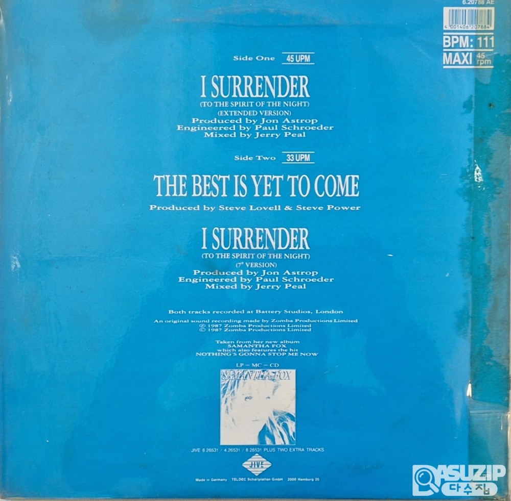 1980년대 영국의 모델이자 가수 Samantha Fox의 'I Surrender (To the Spirit of the Night)'