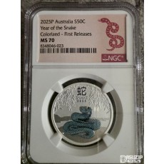 2025년 호주 푸른뱀 1/1온스 색채은화 NG C70등급 'First Releases(첫 출시) 라벨